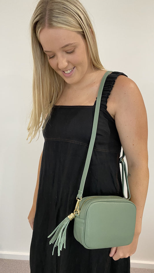 Tassel disco leather handbag in Sage Green
