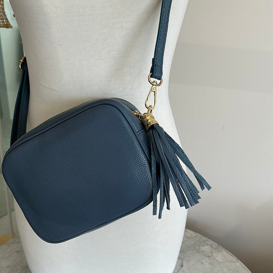 Tassel disco leather handbag in French Blue