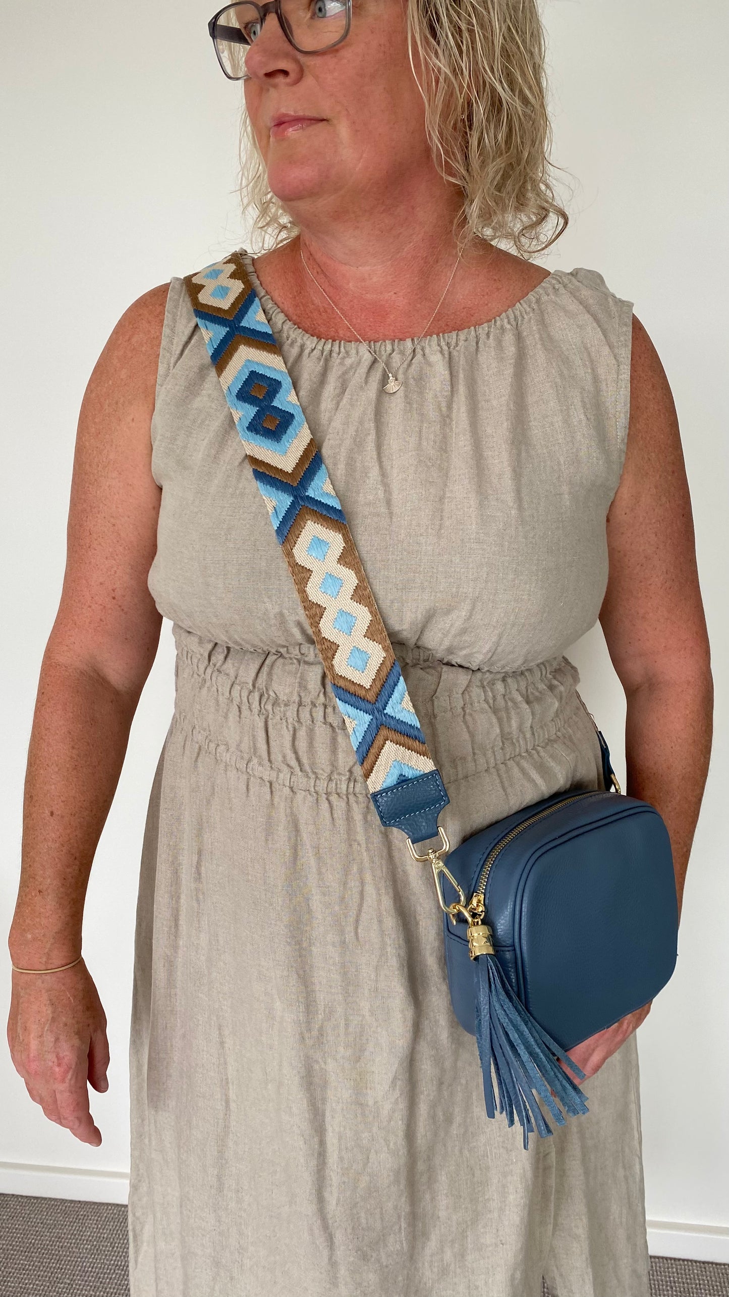 Sienna Two toned blue,tan Crossbody strap