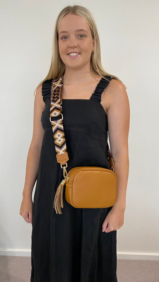 Sienna Tan pink black white crossbody strap