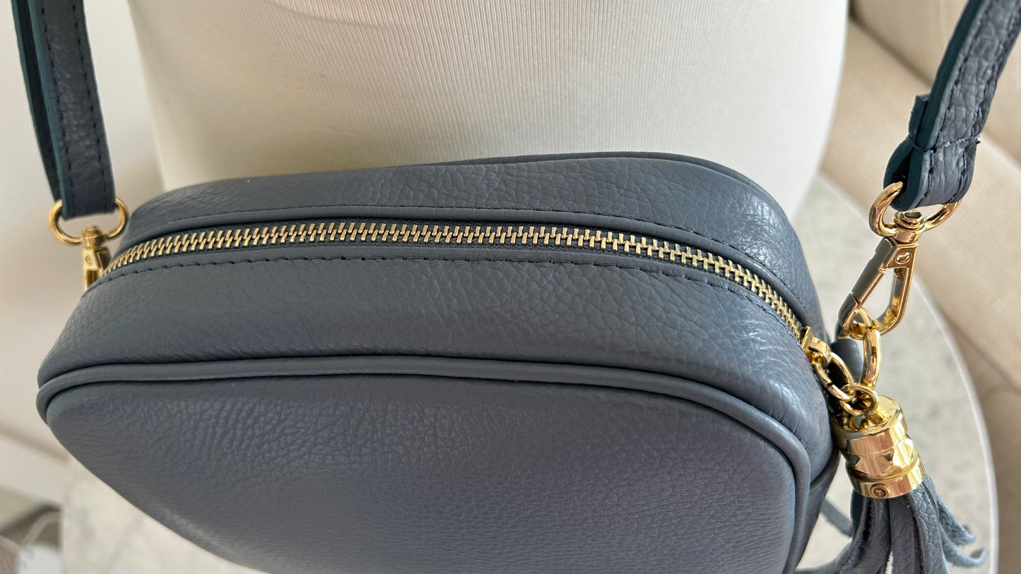 Tassel disco leather handbag in French Blue