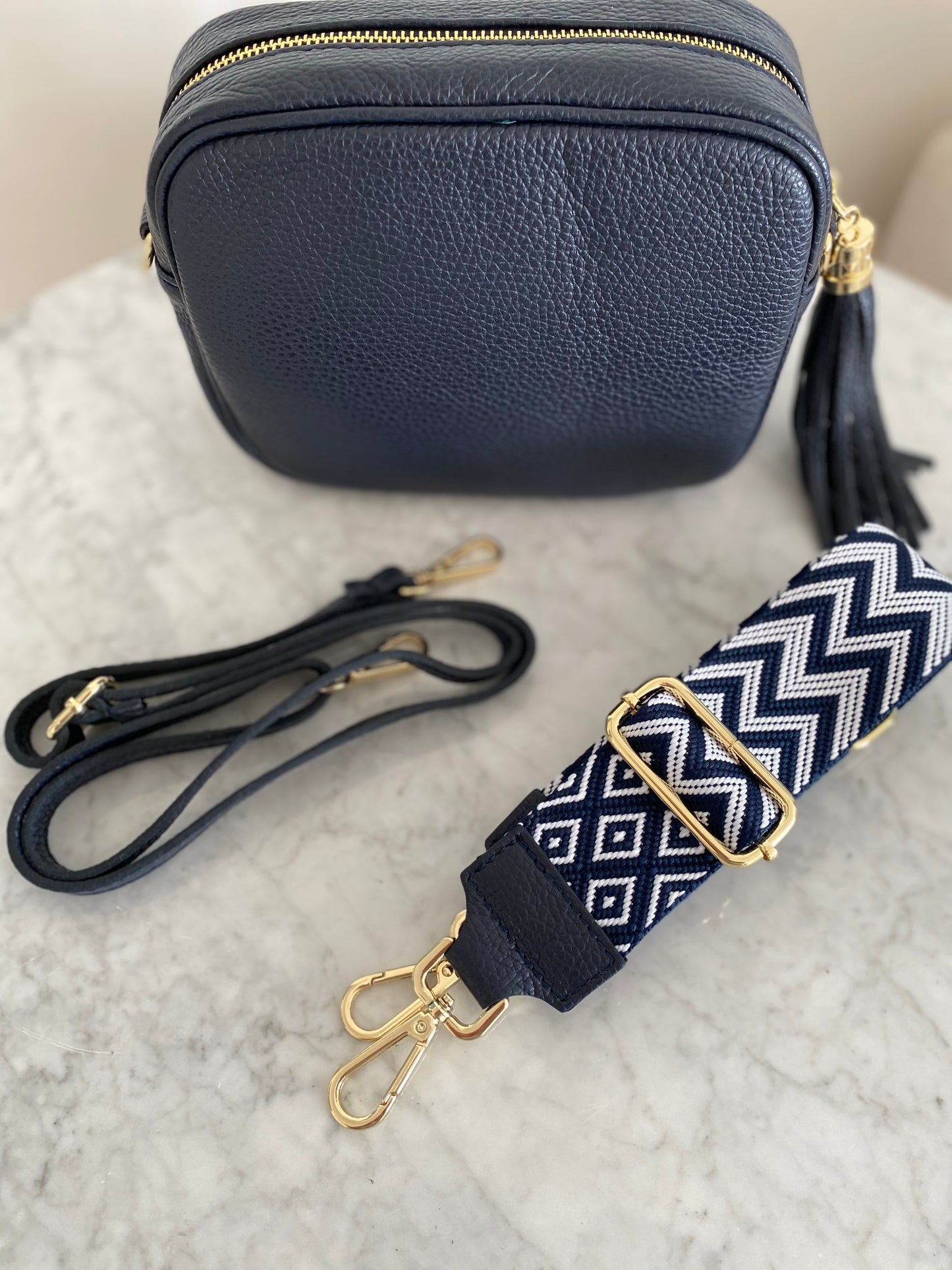 Luna Navy blue and white crossbody strap